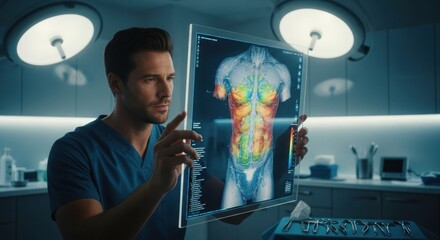 Doctor in scrubs examining body scan on screen in modern operating room