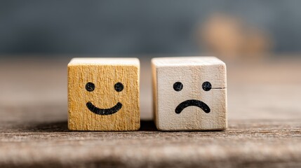 Mental health and emotional state, Smile face in bright side and sad face in dark side on wooden block cube for positive mindset selection, expression, mask, bipolar, generate by AI