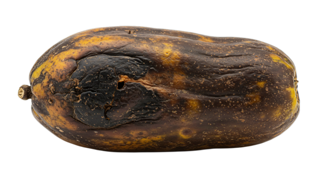Close up shot of a decaying papaya with yellow spots and dark patches against a plain solid space