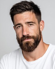 Obraz premium Portrait of a handsome man with a beard looking at the camera, isolated on a white background. Close-up view, studio shot, wearing a white t-shirt.