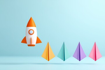 Orange rocket lifting off ahead of colorful paper planes on pastel background, symbolizing innovation, leadership and business success