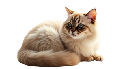 A captivating longhaired feline with beautiful cream and brown point fur and striking bright blue eyes calmly rests in a tranquil pose