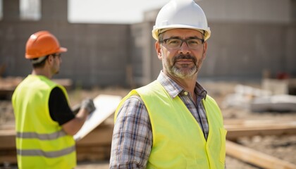 Construction foreman supervises work on building site. Man in hard hat, safety vest. Overseeing project, construction worker. Leadership, project management. Men working, teamwork, building,