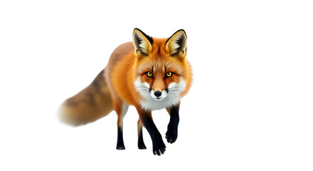 Obraz premium A majestic wild red fox with brilliant orange fur and distinctive black markings approaches the viewer with an alert and curious look.