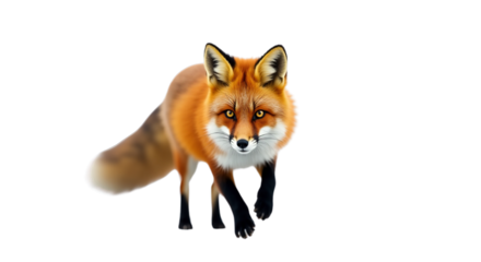 A majestic wild red fox with brilliant orange fur and distinctive black markings approaches the viewer with an alert and curious look.