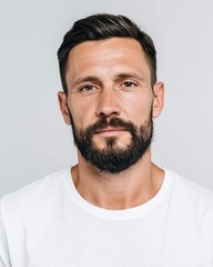 Fototapeta premium Portrait of a handsome man with a beard looking at the camera, isolated on a white background. Close-up view, studio shot, wearing a white t-shirt.