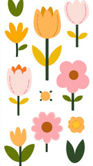 Collection of simple cartoon flowers with stems and leaves isolated on white background