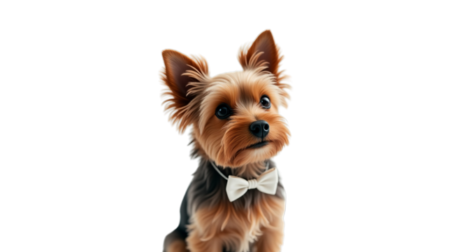 A charming and elegant Yorkshire Terrier puppy wearing a stylish white bow tie looks innocently upward making a heartwarming impression