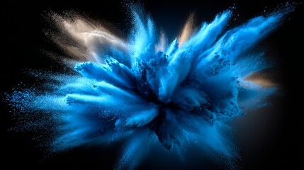 Blue explosion of powdery dust. The blue color is very bright and stands out against the black background