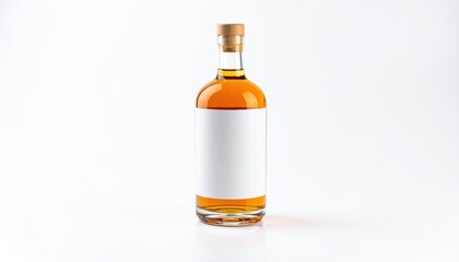 Elegant Bottle of Whisky Glimmering on Pristine White Background Evoking Warmth and Sophistication