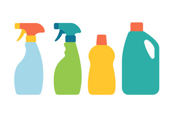 Vibrant collection of cleaning spray bottles and containers with glowing effects on a dark background, symbolizing household hygiene, cleanliness, and a fresh, tidy home environment.