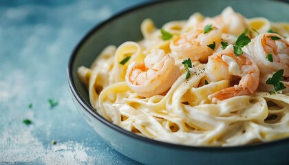 Close-Up Image Of Shrimp Fettuccine Alfredo On A Blue Background, Showcasing The Deliciousness And Texture Of The Dish. Appetizing And Tantalizing.