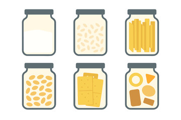 Six Glass Jars Filled with Diverse Food Items: Milk, Beans, Pasta, Crackers, and Snacks in a Modern Flat Design Vector Illustration on a Gradient Background
