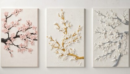 Three textured wall panels feature embossed cherry blossoms in gold, pink, ivory hues. Delicate floral designs on canvas bring serene ambiance. Intricate 3D floral art for elegant home decor,