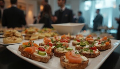 Assortment of appetizers with salmon, cucumber, tomato served on plate. Blurred background with people conversing suggests networking event corporate gathering pro connections.