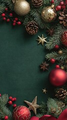 Christmas frame with pine branches, red and gold baubles, ribbons, pinecones, and festive ornaments on dark green background with copy space
