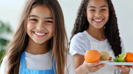 Smiling siblings sharing healthy fruit in a bright kitchen setting - Powered by Adobe