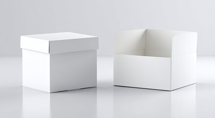 Two white square boxes, one closed, one open, on a reflective surface