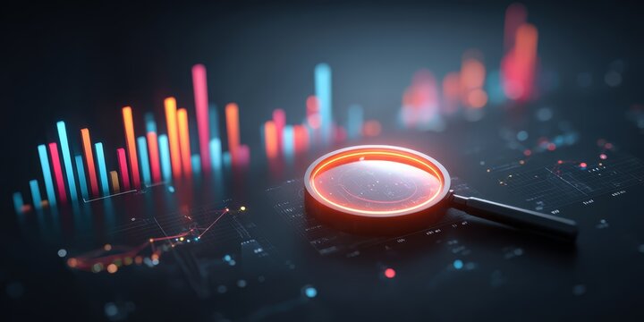 Magnifying glass is on a black background with colorful lines. The lines are in different colors