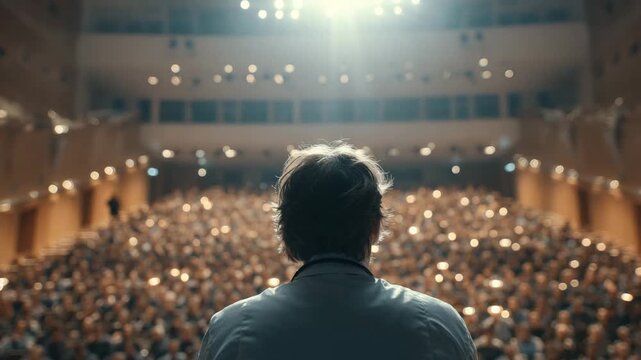 Man on stage facing a large crowd representing public speaking or a performance in a theater