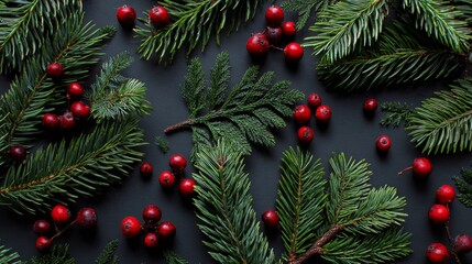 Winter holiday flat lay with pine branches and red berries on textured dark background