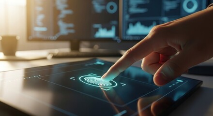 Finger touching a glowing digital interface on a tablet