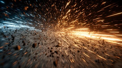 A dynamic cosmic explosion, depicted as a rapid, intense burst of energy radiating outwards, filled with contrasting light trails and scattered debris.