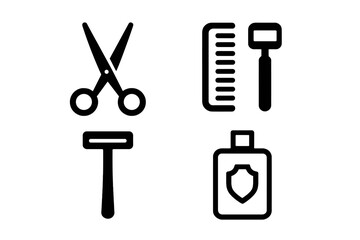 Essential barber and grooming tools like scissors, comb, razors, and antiseptic solution captured in clean, modern icons set against a dark backdrop, perfect for hygiene and style concepts.