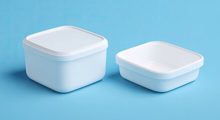 Two light-blue square food containers, one larger than the other, on a light-blue background