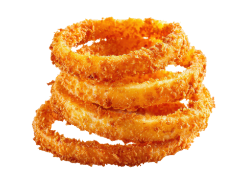 Crispy fried onion rings stacked on a plate for snack enjoyment on a transparent background, cut out