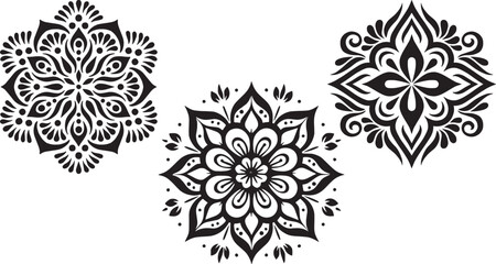 Intricate floral mandala vector set: decorative abstract ornamental designs in black and white.
