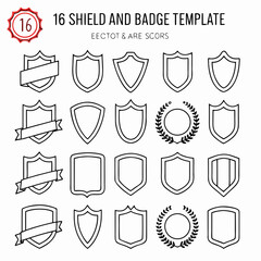 Collection of sixteen shield and badge templates with a laurel wreath and ribbon accents for design projects