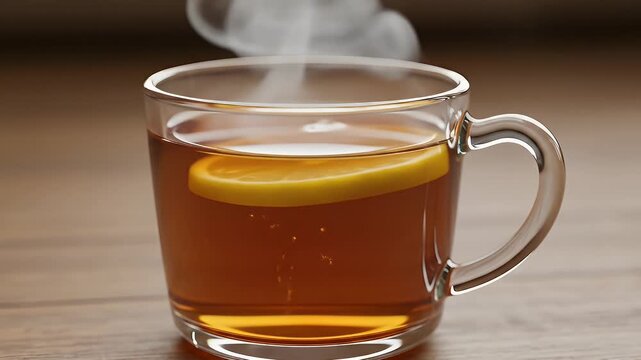 A steaming glass cup of hot tea with a lemon slice, emitting fragrant steam on a wooden table, perfect for a cozy moment.