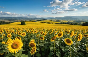 Fototapeta premium Vast sunflower fields bloom vibrantly across Tuscan rolling hills. Sunlit landscape shows vineyards under blue skies. Summer agriculture scene captures nature, countryside, farmland, blooming flora.