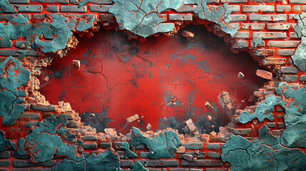 A hole blasted through a weathered red brick wall, revealing a red interior.