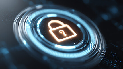 Digital security concept symbolized by a glowing padlock on a futuristic background, representing data safety and encrypted information.