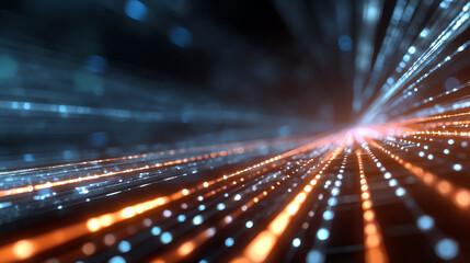 Dynamic lines of light create a futuristic atmosphere, representing digital advancement and innovation in technology.