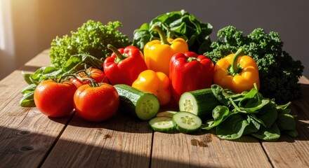 Fresh vegetables tomatoes, bell peppers, cucumbers, kale, spinach on wood