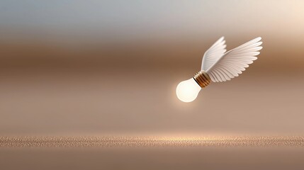 A glowing light bulb with wings appears to be flying above a surface, symbolizing creativity and the fusion of ideas with imagination.