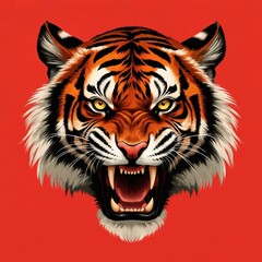 Obraz premium Fierce tiger head illustration with sharp teeth, intense yellow eyes, black orange stripes on vibrant red background. This powerful predator exhibits aggressive snarl, symbolizing strength, danger.