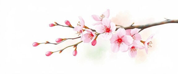Fototapeta premium Delicate cherry blossom branch in soft watercolor style, elegant floral design perfect for spring themes and nature-inspired projects. PNG with transparent background.
