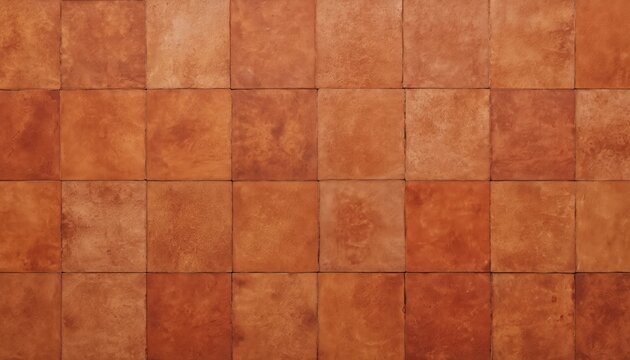 Top view of terracotta tiles with a rustic brown square pattern. Textured surface with subtle variations in color and finish, suitable for flooring, wall decoration, or backsplashes.