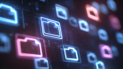 Futuristic digital interface with glowing folder icons representing data management and connectivity in the tech world.