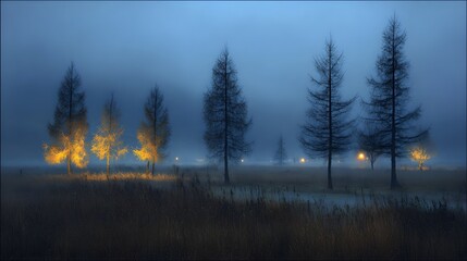 A tranquil scene of trees illuminated by soft golden light in a misty field at dawn or dusk.