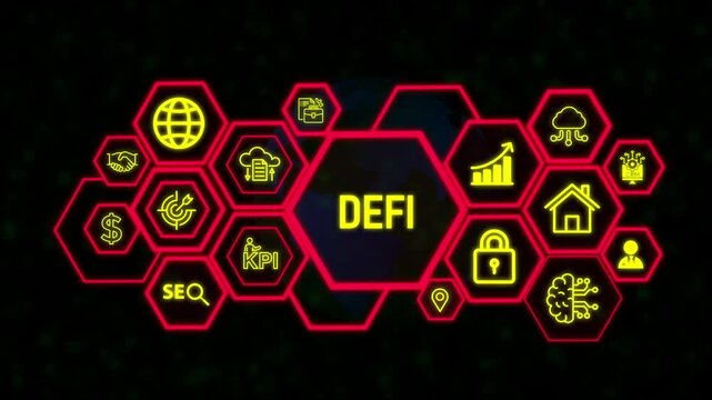 DEFI -Decentralized Finance on dark blue abstract polygonal background. Concept of blockchain, decentralized financial system.