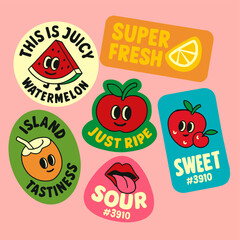Retro Fruit Sticker Set. Set of vintage labels, retro stickers with fruits apple, orange, watermelon, coconut. Fruit barcode labels for supermarkets and farm shops. 