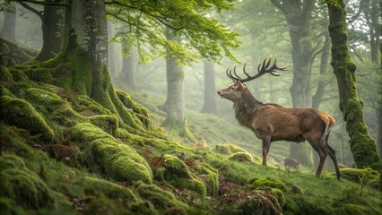 Fototapeta premium A wild red deer with large antlers stands in a sunny forest meadow, its brown fur blending with the autumn grass