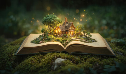 Open book in mossy forest, fairy tale kingdom emerges from pages. Miniature house, rich trees, charming details creating whimsical, dreamy scenery with sparks. Magical adventure starts with reading © Lubov