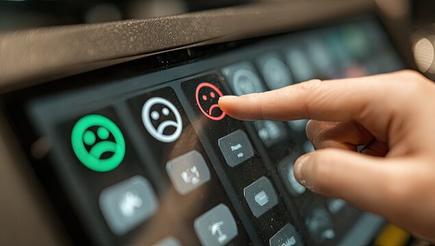 A hand presses a red sad face icon on a digital dashboard - Powered by Adobe