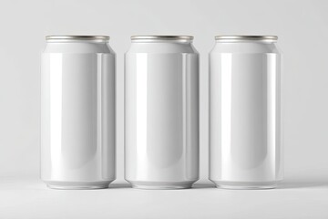 Three blank white aluminum beverage cans on a light gray background